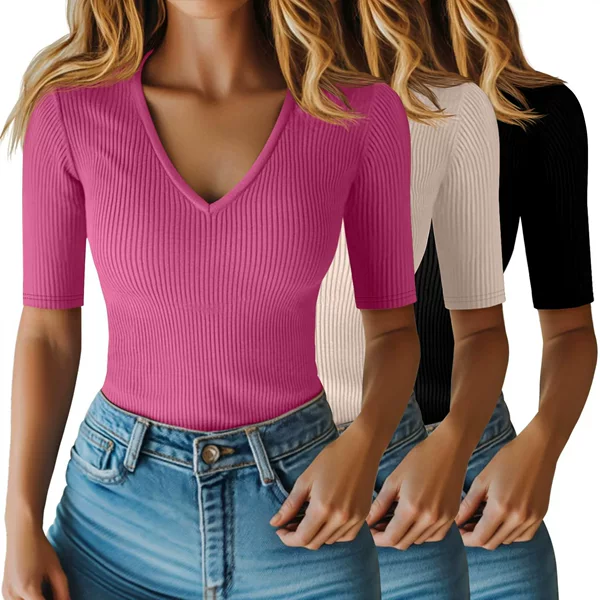 2026 European and American Cross-Border Women's Spring and Summer Solid Color V-Neck Soft and Comfortable Casual Short-Sleeve T-Shirt, Slim Fit, Flattering, Versatile