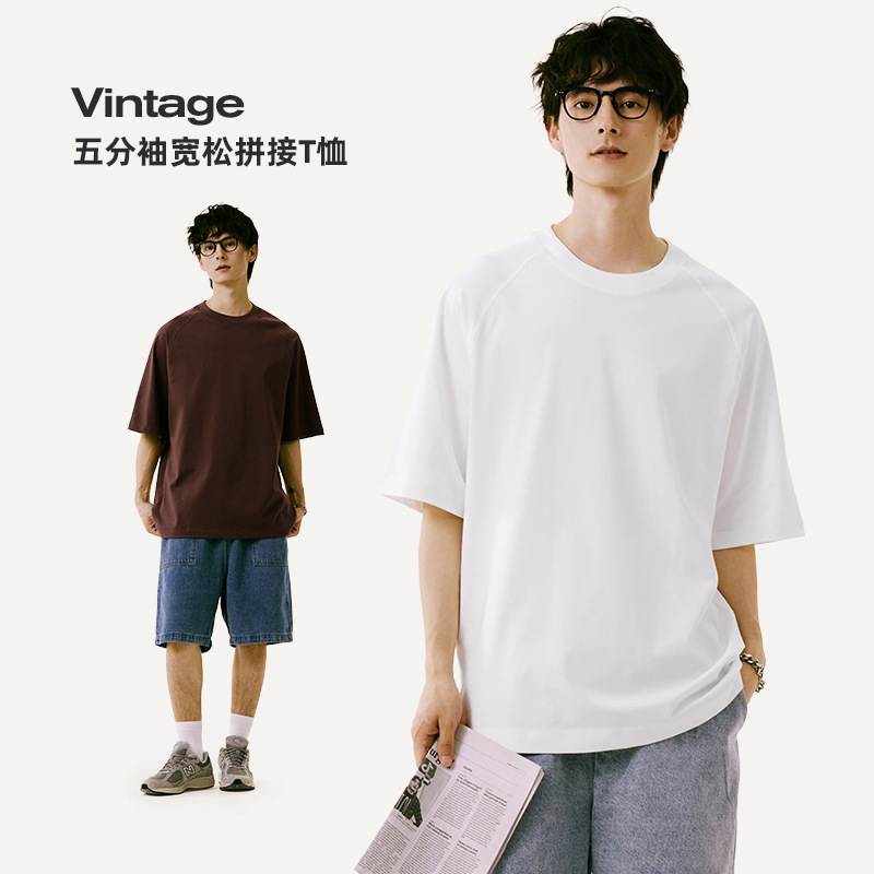 일본식 300g 더블 원사 무거운 짧은 소매 남성용 느슨한면 티셔츠 Raglan 디자인 단색 드롭 숄더 여성 탑 여름