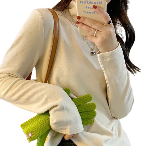 Super soft and waxy double-sided German velvet turtleneck bottoming shirt for women in autumn and winter new style Internet celebrity solid color versatile warm brushed top trendy