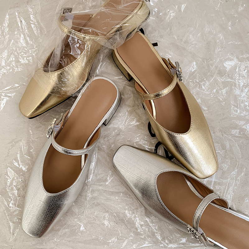 Leather summer women's slippers with rhinestones square toe
