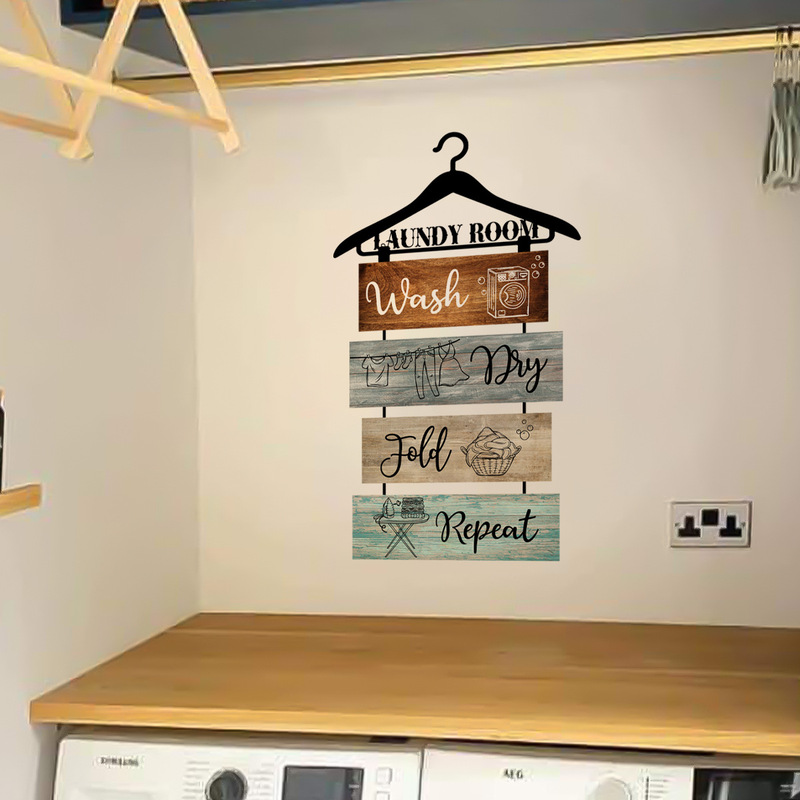 MS1716 Simple Simulation Wooden Plate Clothes Hanger English Slogan Laundry Room Home Decoration Wall Sticker Self-adhesive