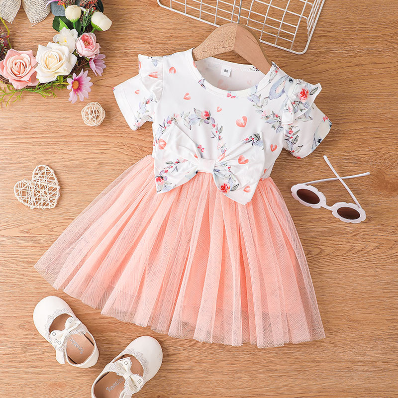 Children's New Bow Short-sleeved Dress Girl Baby Mesh Skirt display picture 1