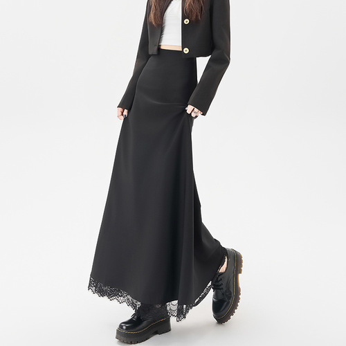 Superior lace stitching black suit skirt for women in autumn, high waist and slimming medium and long a-line skirt umbrella skirt