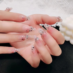 B634薔薇蜜茶梯形長款腮紅穿戴甲假指甲可拆卸美甲貼片工廠直銷