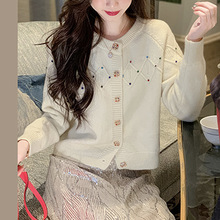 韩系chic高级感小香风针织开衫女秋冬宽松名媛别致小个子短款上衣