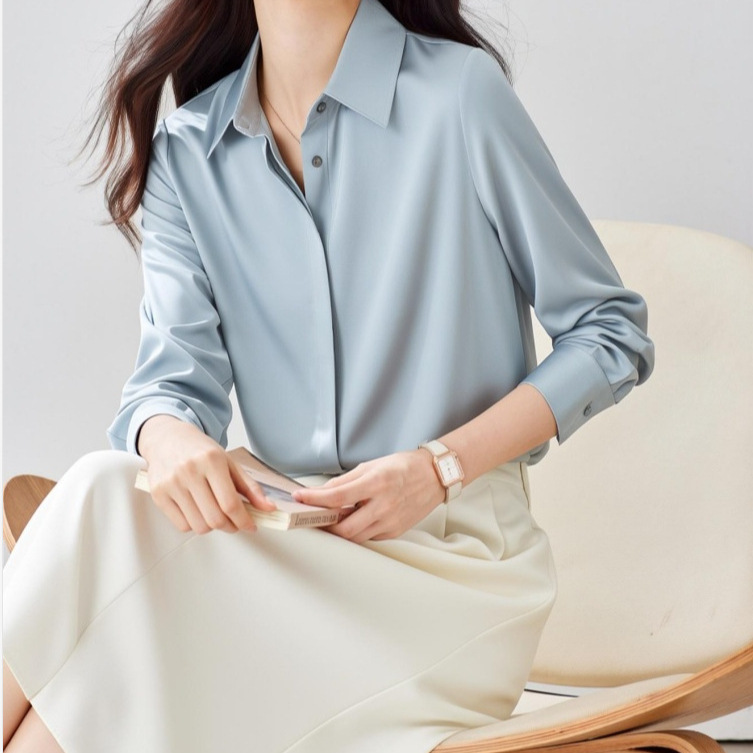 8-Color Spring Gray-Blue Satin Shirt for Women, Long-Sleeved, Autumn Versatile, Hidden Placket, Retro Hong Kong Style, Drapey, Workwear, Mature and Elegant 8-Color Spring Gray-Blue Satin Shirt for Women, Long-Sleeved, Autumn Versatile, Hidden Placket, Retro Hong Kong Style, Drapey, Workwear, Mature and Elegant