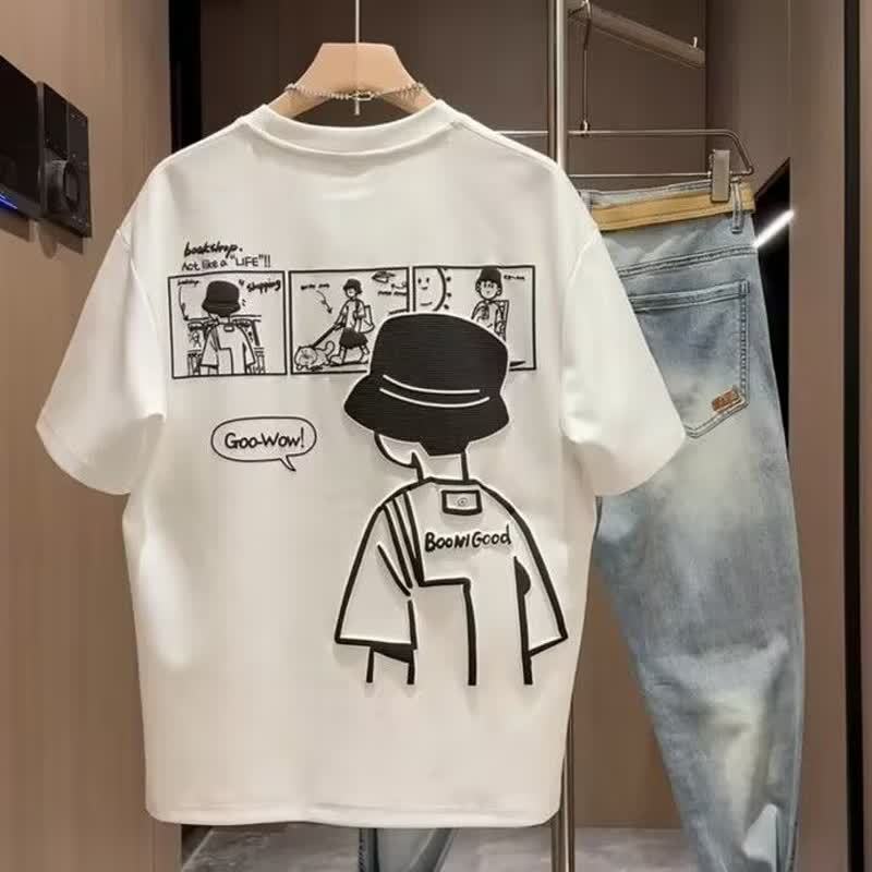 2025 New Summer Heavyweight Pure Cotton Cartoon Printed Short-Sleeved T-Shirt Men's Trendy Brand Loose Casual Plus Fat Plus Size