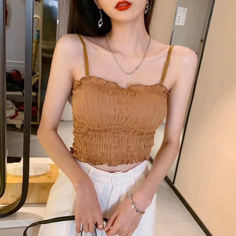 Lace Sling Wrapped Chest Tube Top Women's Outer Wear Korean Style Fungus Lace Pleated Short Sexy Beautiful Strap Chest Pad Underwear