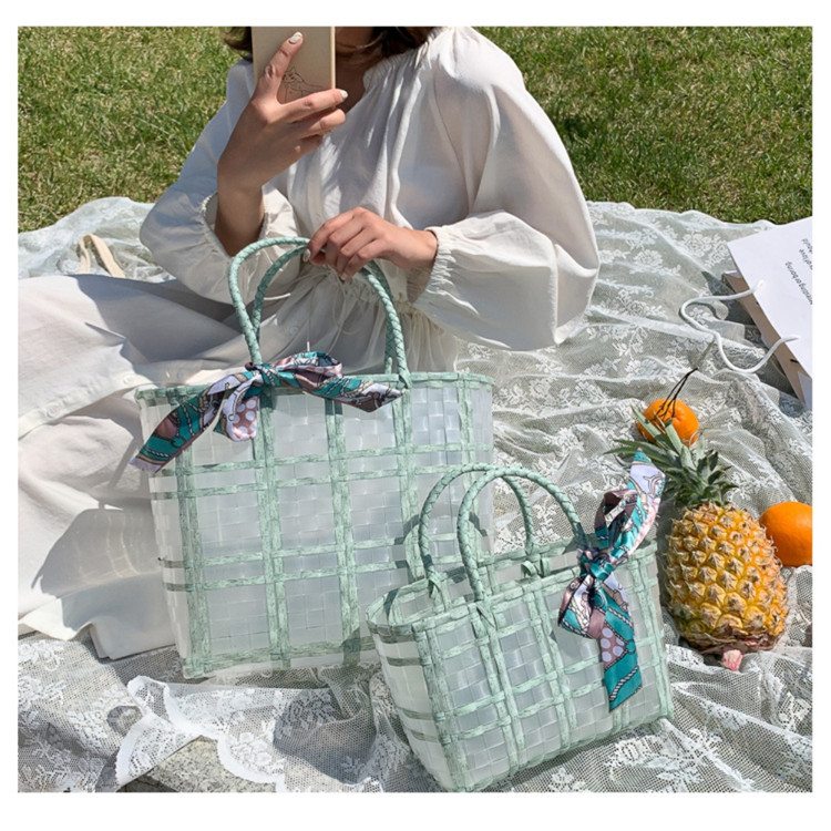 756g Weight Open Closure Type Double Handle Strap Type Handbag Bags Type Holiday, Travel Occasion PVC Material Plaid Pattern All Seasons Season Women's Gender Cute, Vacation Style Square Shape Large Size Women's Cute Vacation Plaid PVC Shopping Bags 11