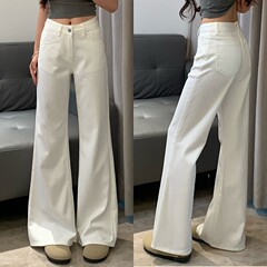 跨境余一一棉质竹节纹黑科技三防耐脏白色牛仔裤女宽松显瘦原牛喇