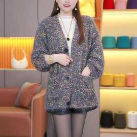 复古彩点毛衣外套女2025秋冬开衫宽松软糯花线针织衫v领上衣外穿