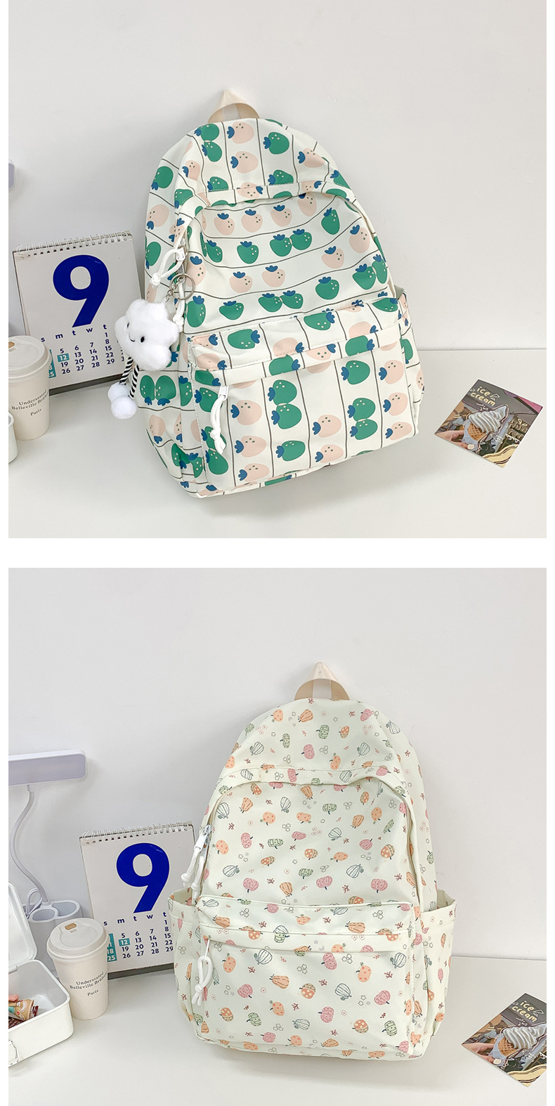 738g Weight Polyester Lining Material Sewing Thread Fashion Element Zipper Closure Type Double Shoulder Straps Strap Type Casual, School, Daily Occasion Nylon Material Waterproof Function Back To School Festival School Backpack Backpack Flower, Strawberry Pattern All Seasons Season Women's Gender Classic Style Style Square Shape Waterproof Flower Strawberry Casual School Daily School Backpack 20