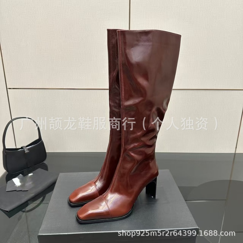 高端2025秋冬真皮方头复古粗高跟侧拉链高筒显瘦骑士靴不过膝长靴|undefined