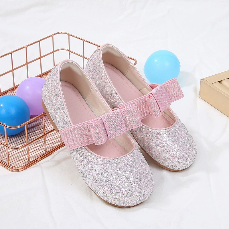 Кожаные туфли для девочек кроссовки принцессы 2024 весна новый кристалл дети блестки бант мягкая подошва маленькая девочка одиночная обувь