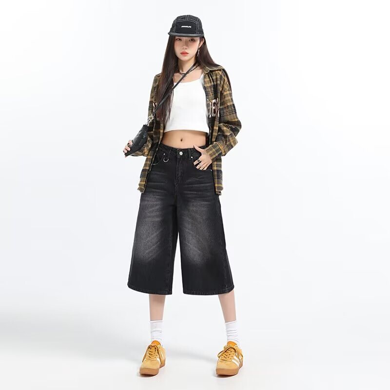 American-Style Black Wide-Leg Denim Cropped Pants for Women, New Summer Vintage High-Waisted Loose Slimming Straight Casual Mid-Length Pants American-Style Black Wide-Leg Denim Cropped Pants for Women, New Summer Vintage High-Waisted Loose Slimming Straight Casual Mid-Length Pants