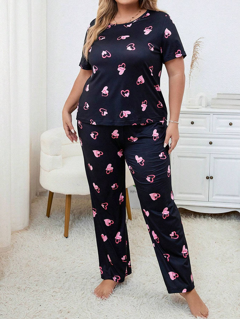 Dame nattøj sæt plus size med hjerteprint til efterår vinter_voghion.com