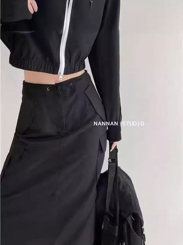 American-style black drawstring work pants for women, suitable for spring and summer, high-waisted, slimming A-line work-style straight long skirt