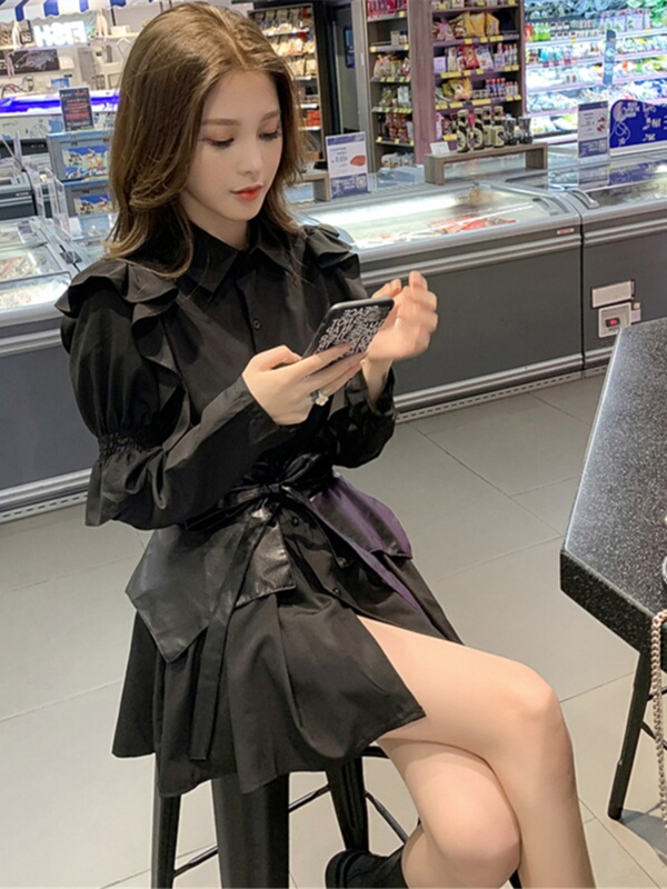 秋季新款洋气减龄炸街连衣裙套装女设计感衬衫收腰裙子气质两件套|undefined