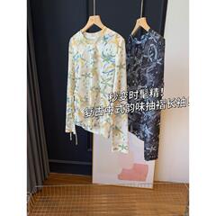秒变时髦精！复古中式韵味抽褶长袖！花色修身显瘦上衣T恤女25秋