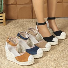 跨境外贸复古草编高跟坡跟厚底凉鞋女民族风一字带包头大码女鞋