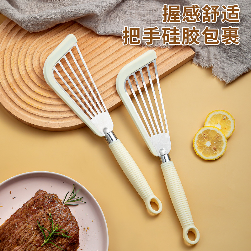 耐高溫不粘鍋鏤空鏟子不鏽鋼煎魚鏟硅膠柄牛排煎鏟扇形蝴蝶漏鏟