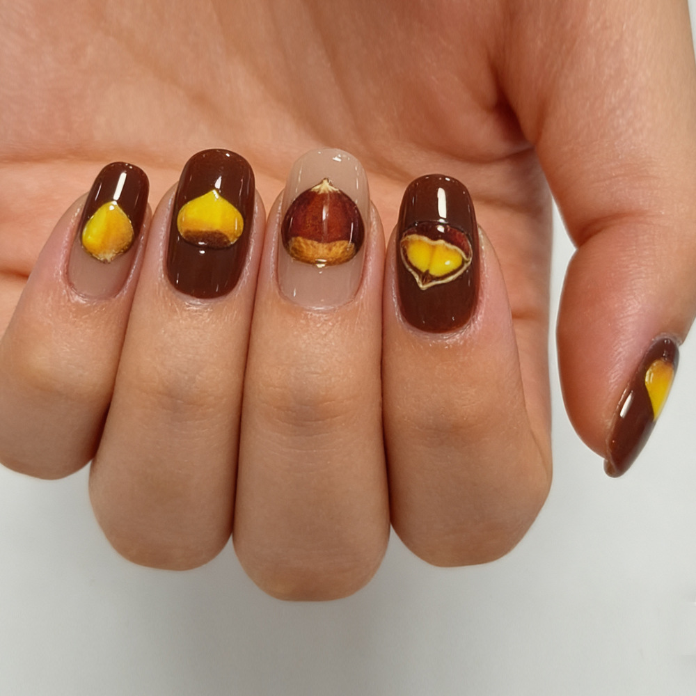 Comercio exterior en relieve tridimensional marrón castaña manicure otoño invierno curar viento desgaste de uñas 24 piezas de parche de uñas