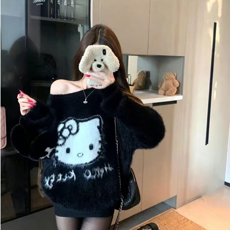 Mink Wool Kitty Cat Knit Sweater for Women, Autumn and Winter, Casual Style, Long Sleeve, Loose Fit, Slimming, Off-Shoulder Sweater Mink Wool Kitty Cat Knit Sweater for Women, Autumn and Winter, Casual Style, Long Sleeve, Loose Fit, Slimming, Off-Shoulder Sweater