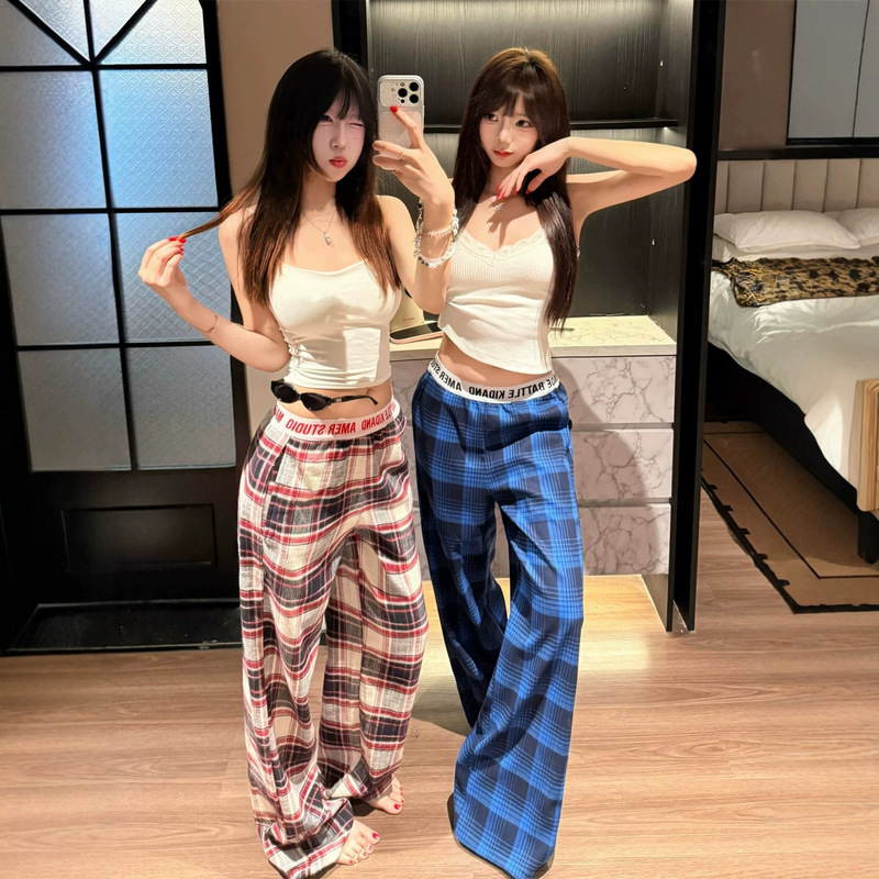 American-Style Spicy Girl Plaid Letter Belt Patchwork Casual Pants for Women, Summer 2026 New Loose Drape Wide-Leg Long Pants