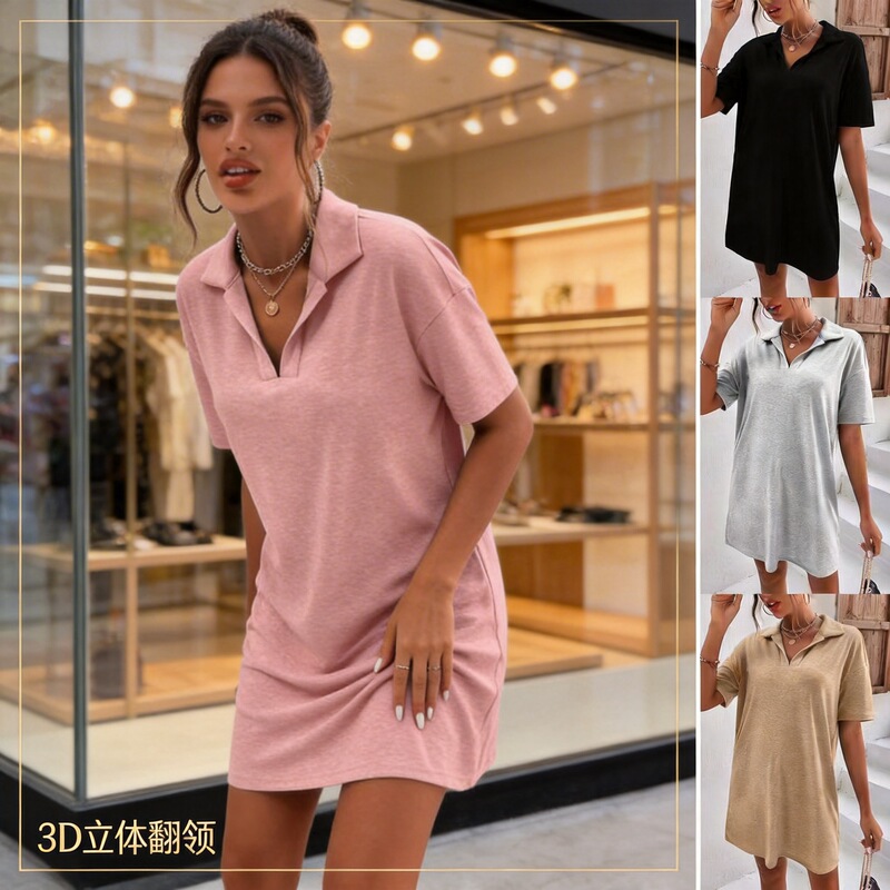 Amazon Cross-Border 2025 European and American Full-Body Skirt Summer New Casual Women's Lapel Short-Sleeved Loose Dress for Women Amazon Cross-Border 2025 European and American Full-Body Skirt Summer New Casual Women's Lapel Short-Sleeved Loose Dress for Women
