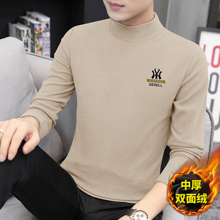 French brand 320g double-sided velvet semi-high collar long sleeve T-shirt men's autumn and winter fleece-lined thickened bottoming shirt top