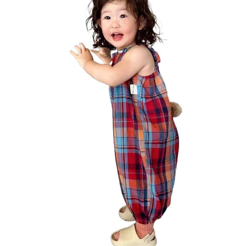 韩系儿童女宝宝网红格子连体裤潮夏款童装可爱兔子尾巴女童背带裤