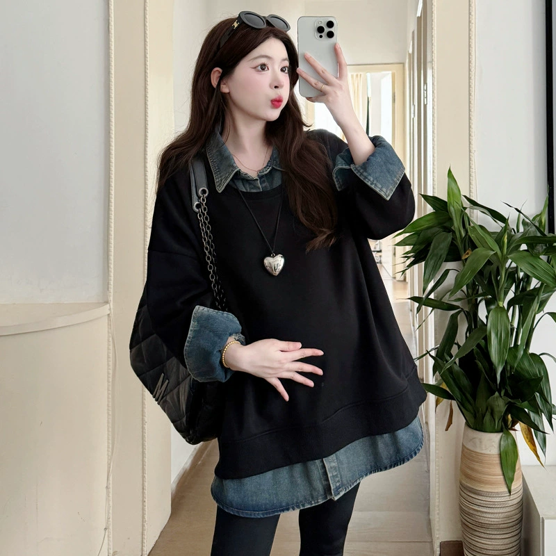 2024 новый осенний и зимний сращивание беременных женщин поддельные две рубашки больших размеров воротник для беременных толстый