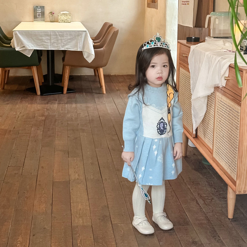 秋冬加绒女童连衣裙艾莎公主裙毛衣裙女童毛衣爱莎公主裙童装批发