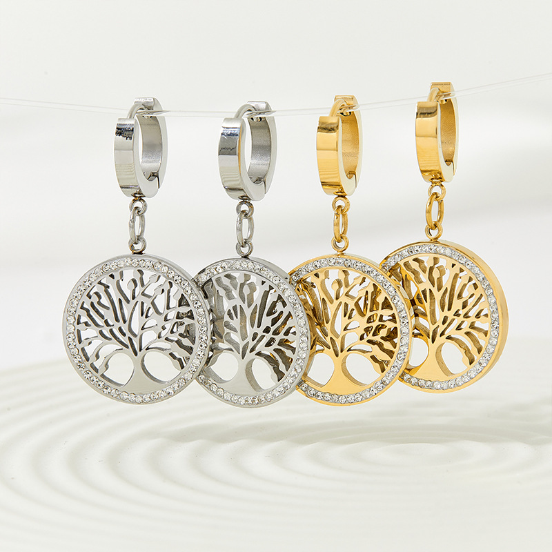 Zircon Inlay Material Drop Earrings Classification PVD Coated Real Gold Plated Tree 304 Stainless Steel Style Waterproof Non Tarnish Drop Earrings