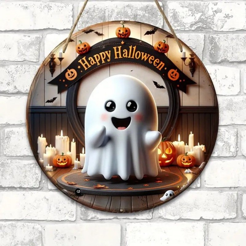 ホット販売クリエイティブ木製クラフトドアサイン吊り下げ装飾ラウンドロゴかわいいゴーストハロウィン装飾ペンダント|undefined