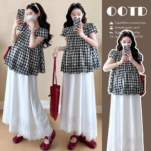 2025 New Summer Embroidered Doll Style Plaid Shirt Without Belly Support Skirt Can Be Worn Throughout Pregnancy Maternity Suit