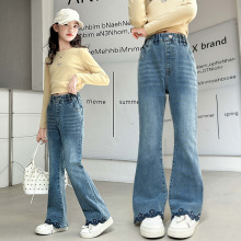 女童牛仔裤2025秋季新款脚口绣花订珠弹力牛仔喇叭裤时尚潮裤