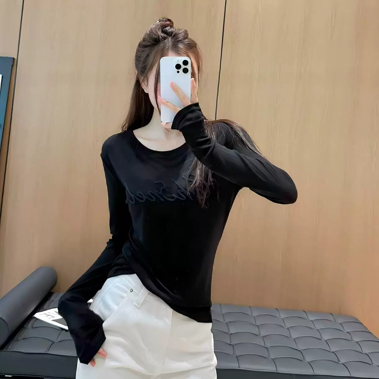 微透性感小圆领显身材修身上衣正肩刺绣t恤南油女秋季羊毛打底衫