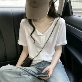 白色慵懒风宽松短袖T恤女夏2026新款大码正肩胖MM设计感休闲上衣