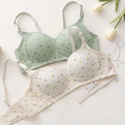 Japanese sweet floral young lady student small breast push-up seamless underwear thin section no steel ring pure cotton bra bra