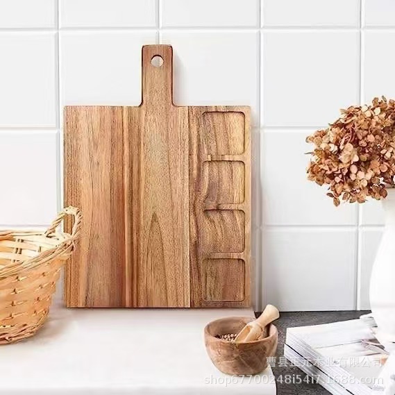 Creative Wooden Cutting Board with Handle for Home Use, Simple Fruit and Bread Cutting Board Made of Acacia Wood with Divider Slots, Portable Cutting Board