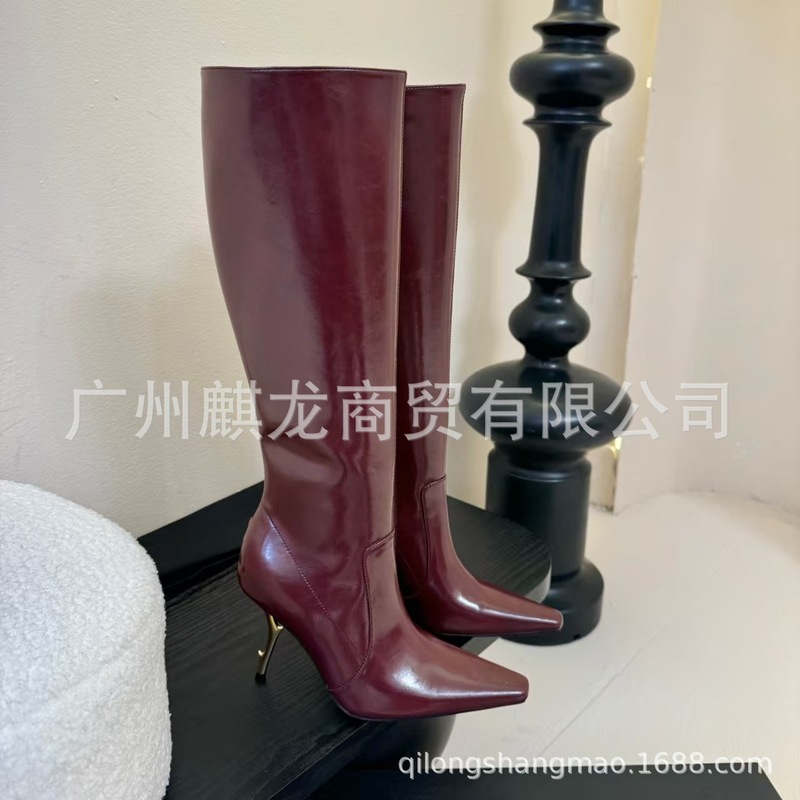 高端2025秋冬真皮尖头复古电镀细跟高跟侧拉链高筒显瘦不过膝长靴|undefined
