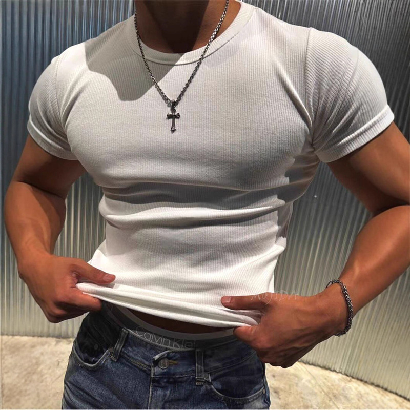 American-Style Waffle Jacquard T-Shirt for Men, Slim-Fit, Stretchy, Short-Sleeve, Sexy, Regular Shoulder, Cuffed Sleeves, Sports Top American-Style Waffle Jacquard T-Shirt for Men, Slim-Fit, Stretchy, Short-Sleeve, Sexy, Regular Shoulder, Cuffed Sleeves, Sports Top