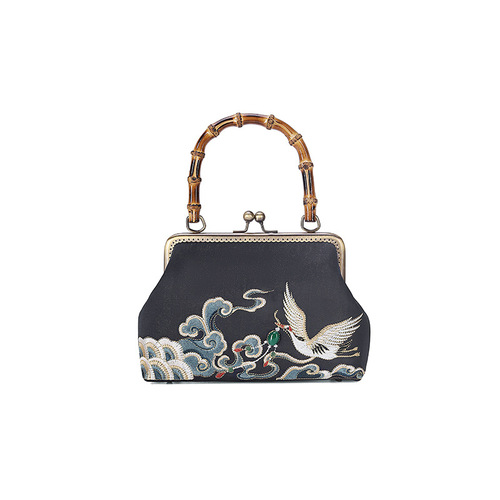 Black embroidered handbag, antique cheongsam banquet clutch, bamboo handle embroidered small square bag