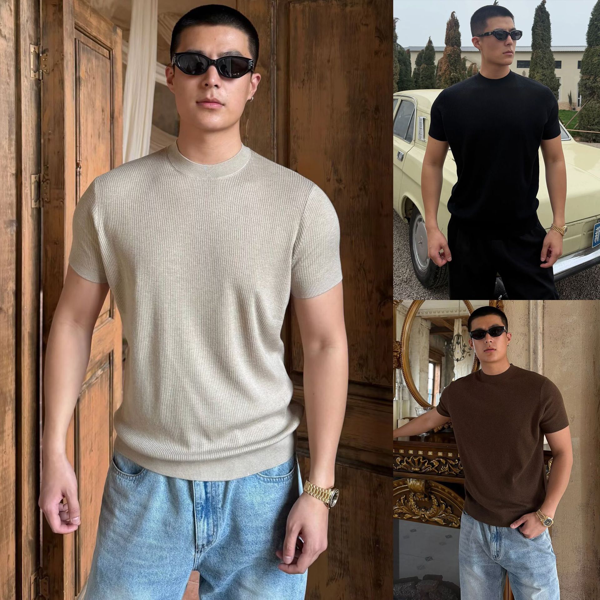 Camiseta de punto de manga corta camiseta textural hombre viejo estilo de hielo alto traje de verano de seda interior fábrica transfronteriza al por mayor