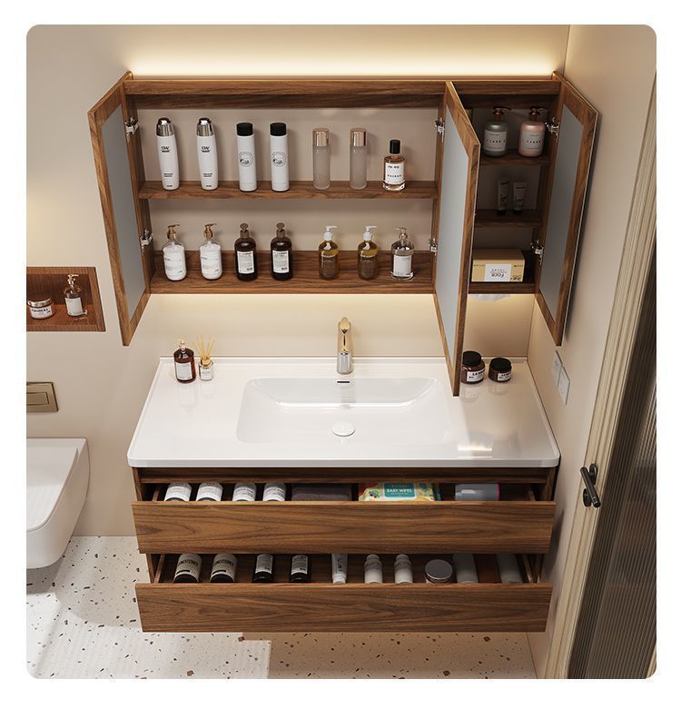 New walnut wood color double-drawer bathroom cabinet, bathroom washbasin and washbasin set with ceramic integration undefined