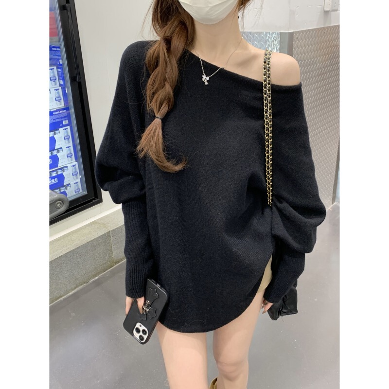 灰色蝙蝠袖斜肩一字肩毛衣女秋冬内搭可外穿宽松慵懒风露肩针织衫|undefined