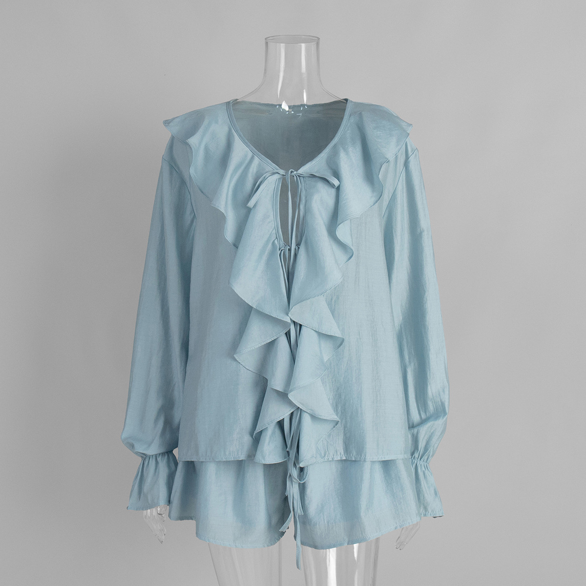 Women's French V Neck Ruffled Shirt And Shorts Set European American Style Summer Tie Front Clothing_ecoleips.com