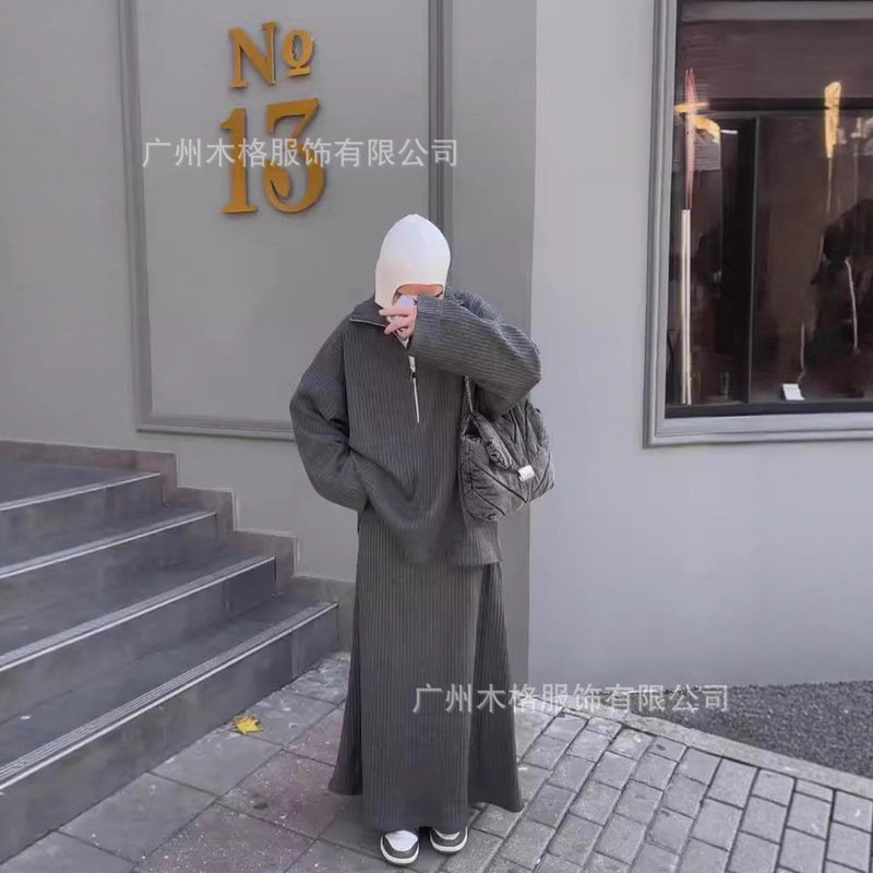 2025款秋外贸亚马逊热卖女装简约慵懒毛衣高级感纯色针织裙套装女|undefined