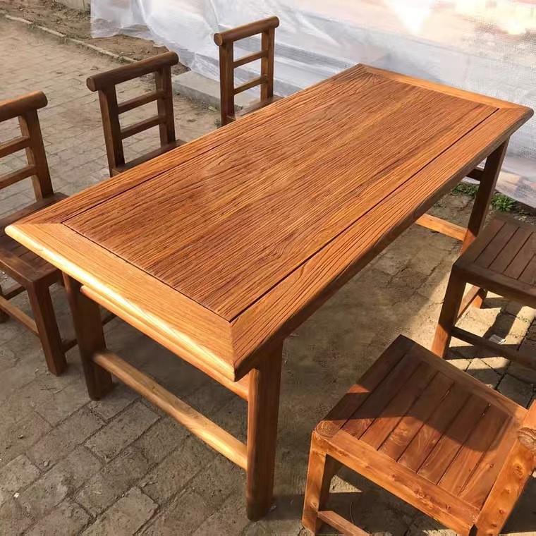 中式老榆木餐桌实木茶桌饭店餐桌椅组合复古怀旧木桌方形泡茶桌